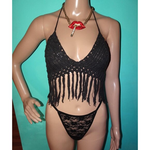 Vintage Black Crochet Triangle Bra Top w/ Fringe A to C cup boho festival goth - Picture 2 of 8